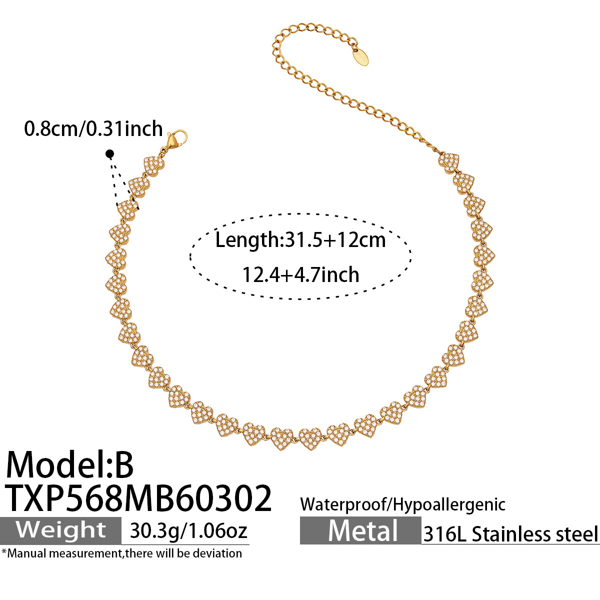 TXP568-B Golden Heart Necklace 31.5 plus 12cm