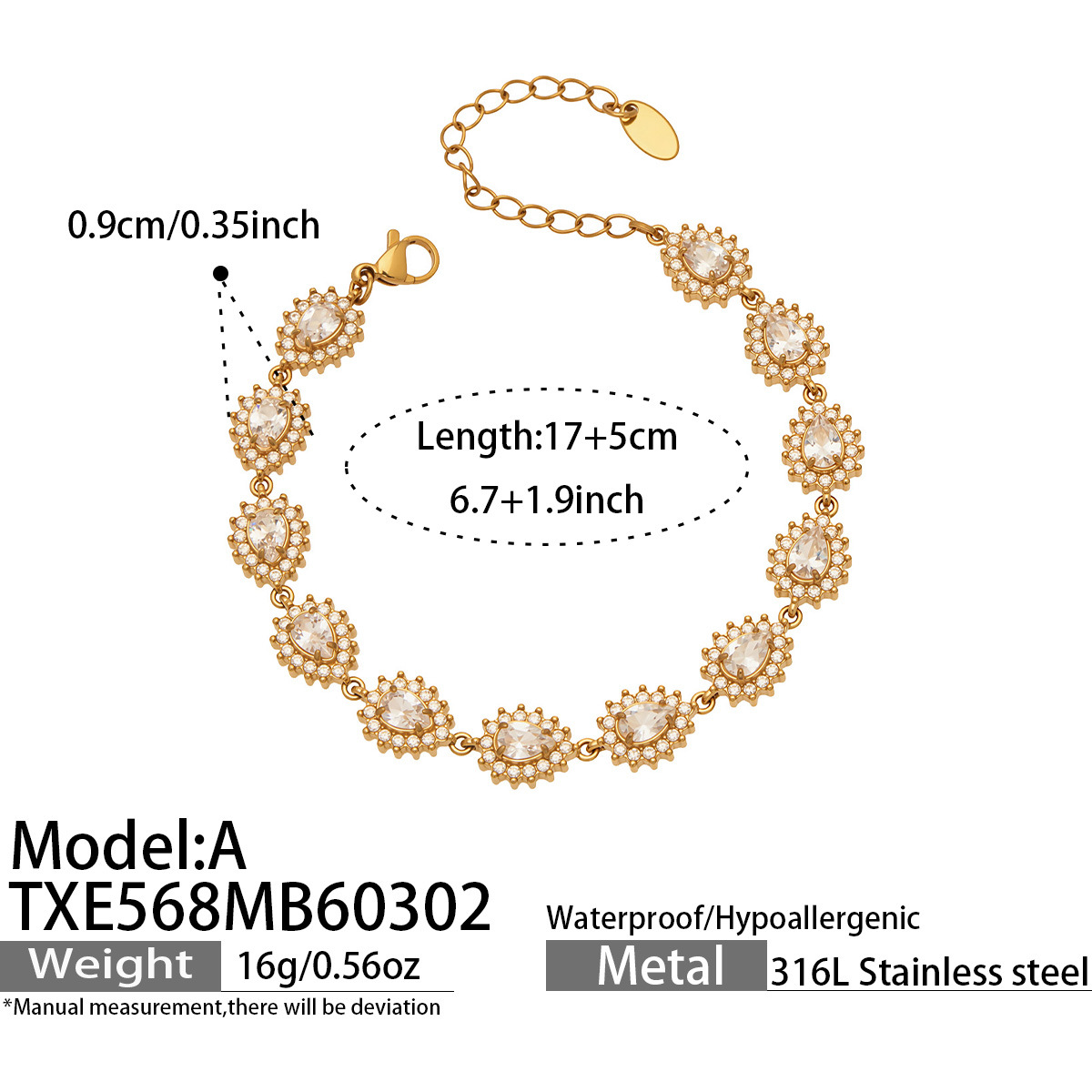 TXE568-A Golden Water Drop Bracelet 17 plus 5cm