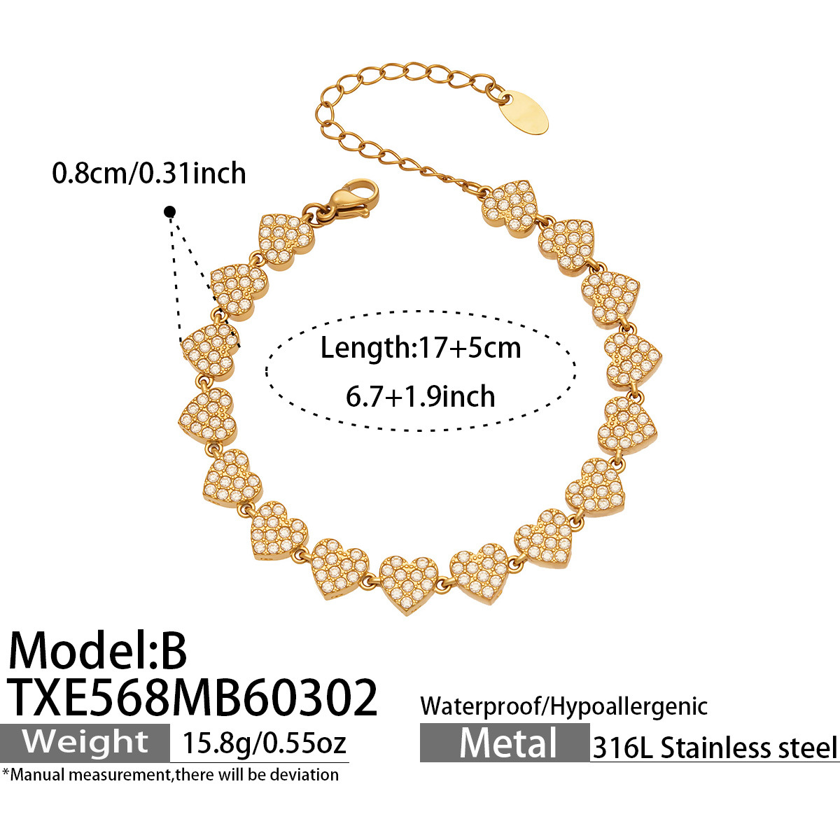 TXE568-B Golden Heart Bracelet 17 plus 5cm