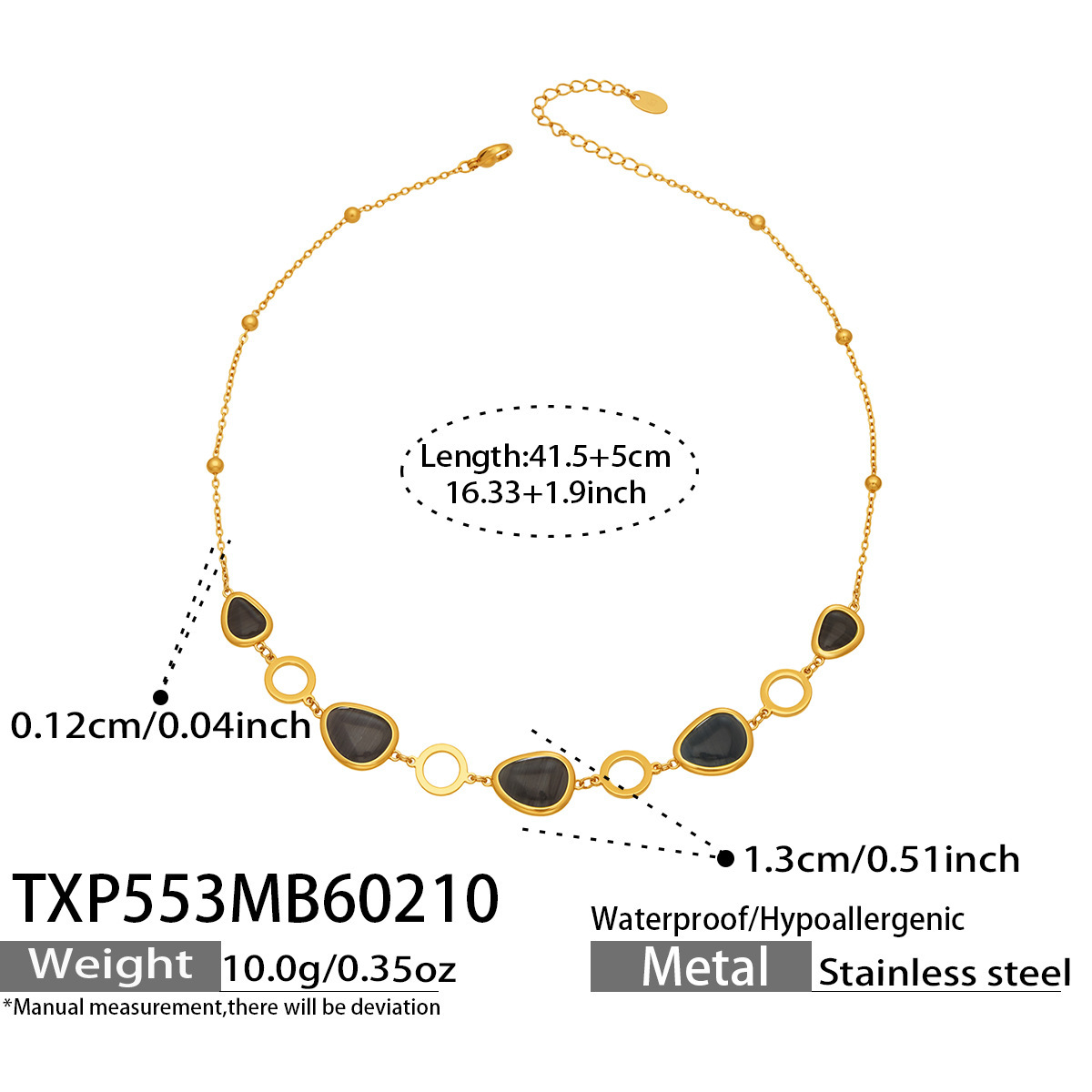 TXP553- Gold Black Glass Stone Necklace 41.5 plus 5cm