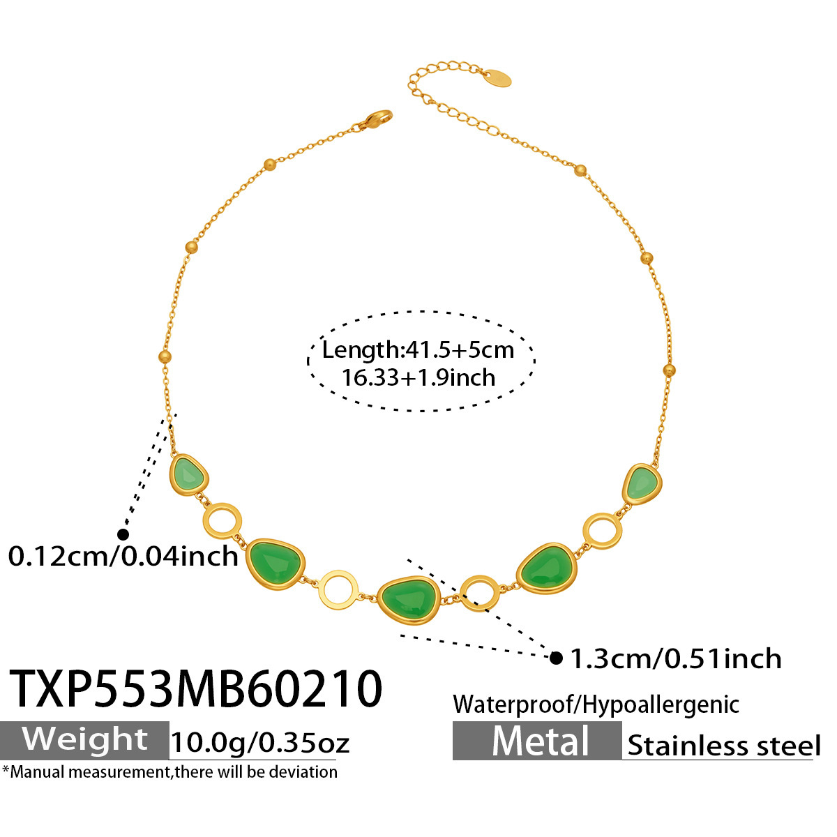 TXP553- Gold Green Glass Stone Necklace 41.5 plus 5cm