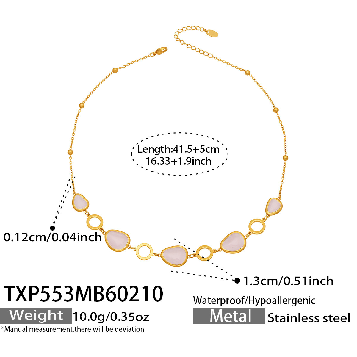 TXP553- Gold Pink Glass Stone Necklace 41.5 plus 5cm