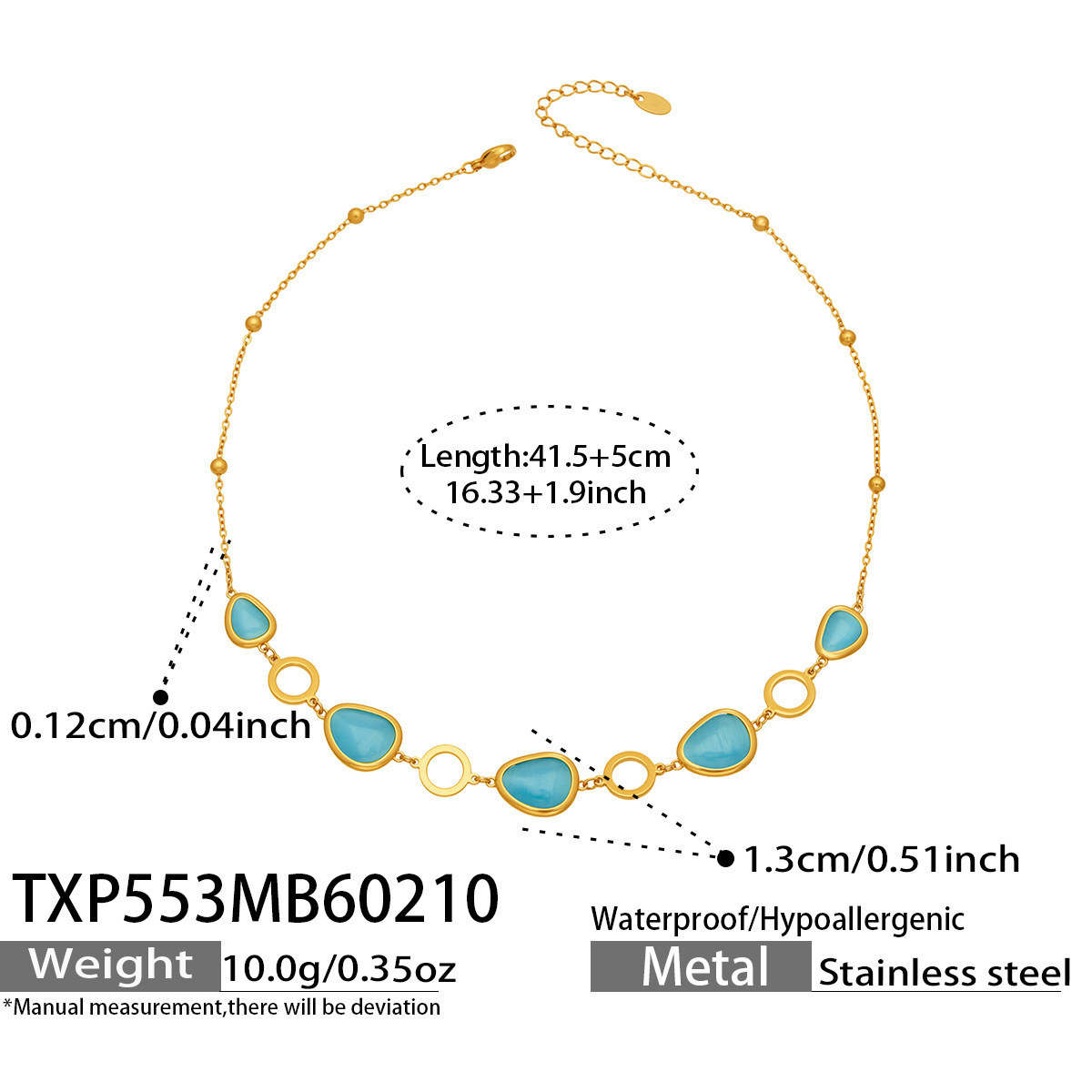 TXP553- Golden Lake Blue Glass Stone Necklace 41.5 plus 5cm