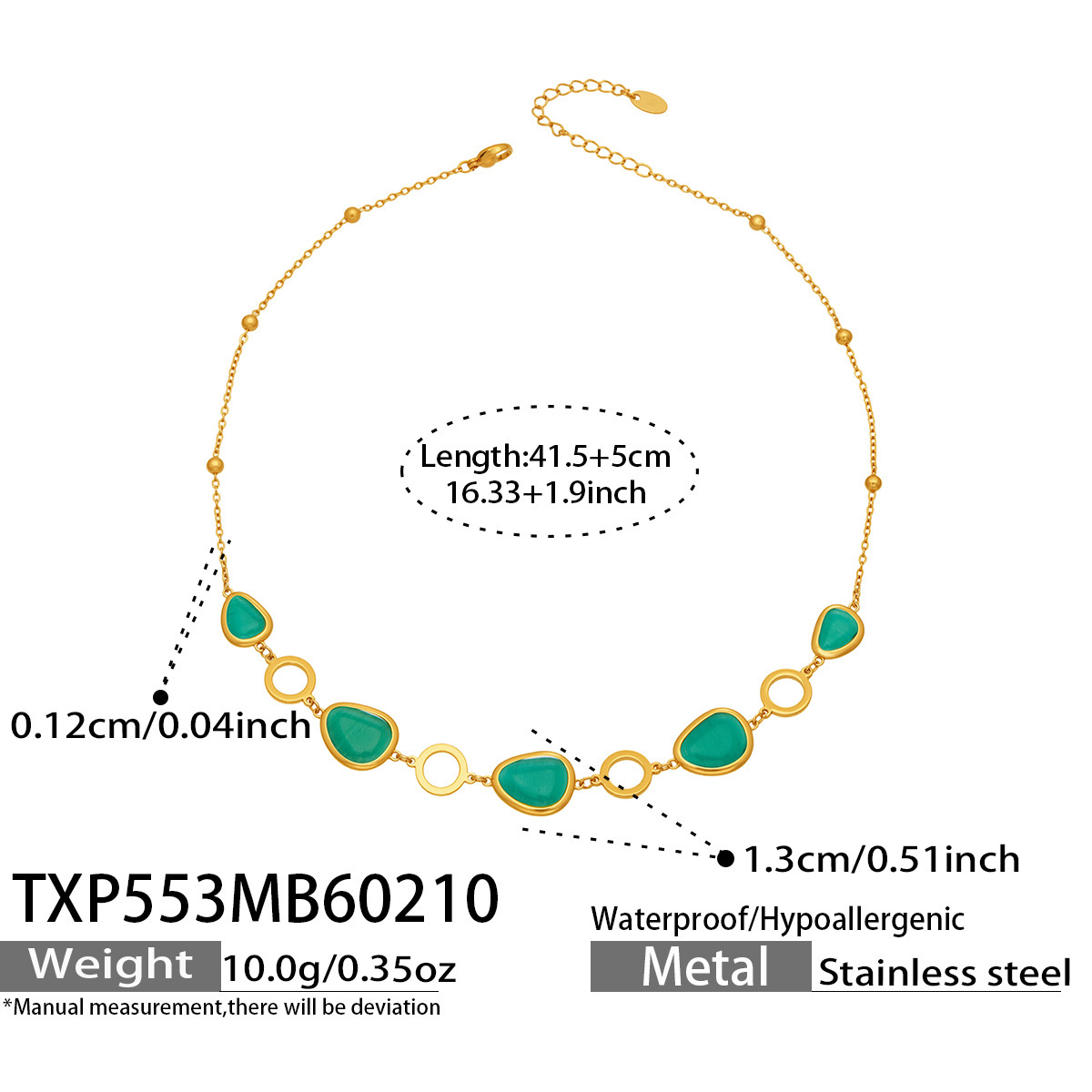 TXP553 Peacock Green Glass Stone Necklace 41.5 plus 5cm