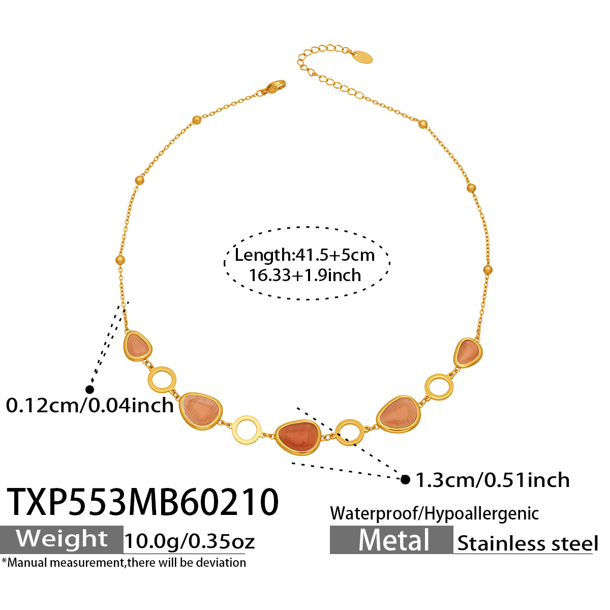 TXP553- Gold Orange Glass Stone Necklace 41.5 plus 5cm