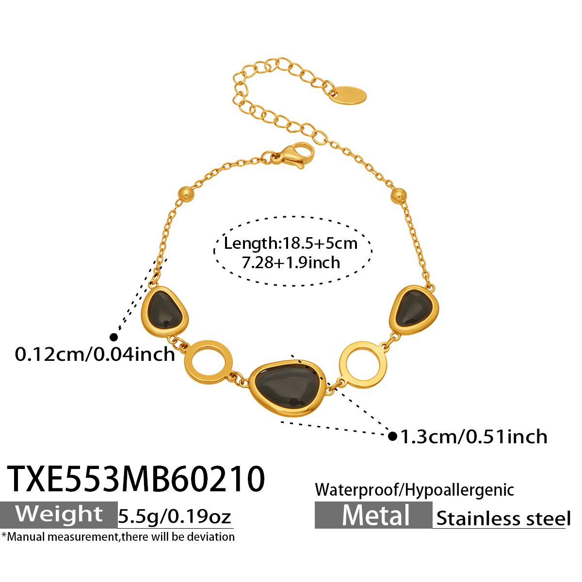 TXE553- Gold Black Glass Stone Bracelet 18.5 plus 5cm