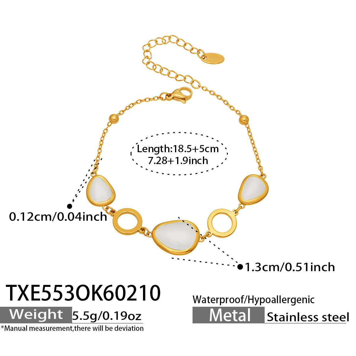 TXE553 Gold White Glass Stone Bracelet 18.5 plus 5cm
