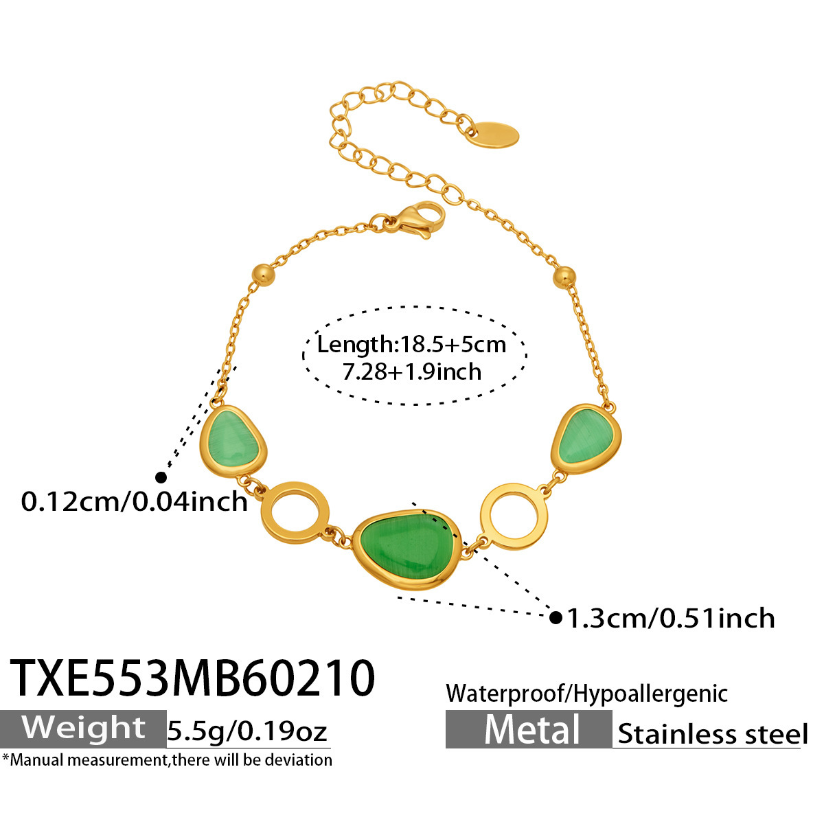 TXE553- Gold Green Glass Stone Bracelet 18.5 plus 5cm
