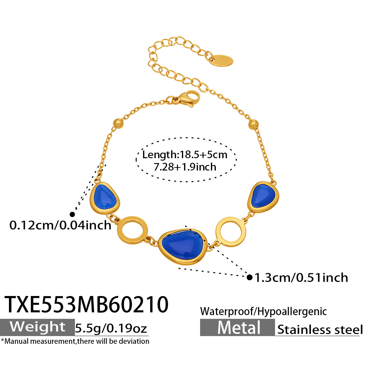 TXE553- Gemstone Blue Glass Stone Bracelet 18.5 plus 5cm