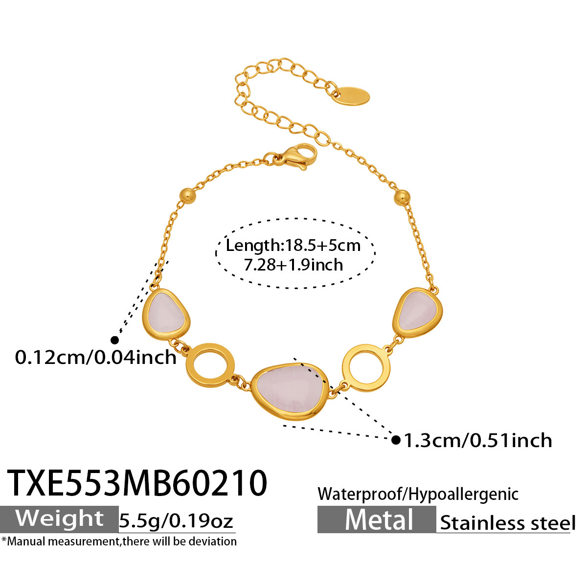 TXE553 Gold Pink Glass Stone Bracelet 18.5 plus 5cm