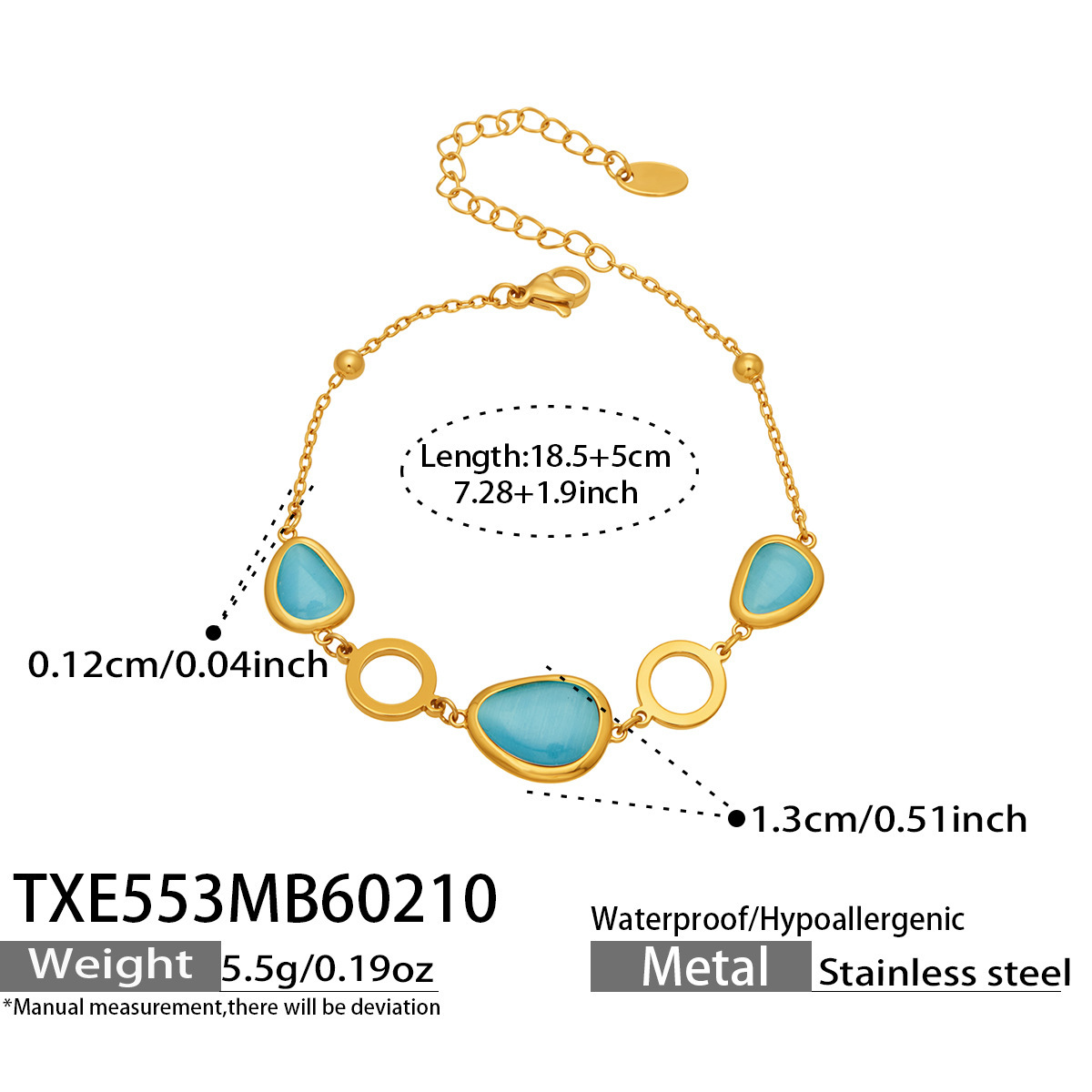 TXE553- Golden Lake Blue Glass Stone Bracelet 18.5 plus 5cm