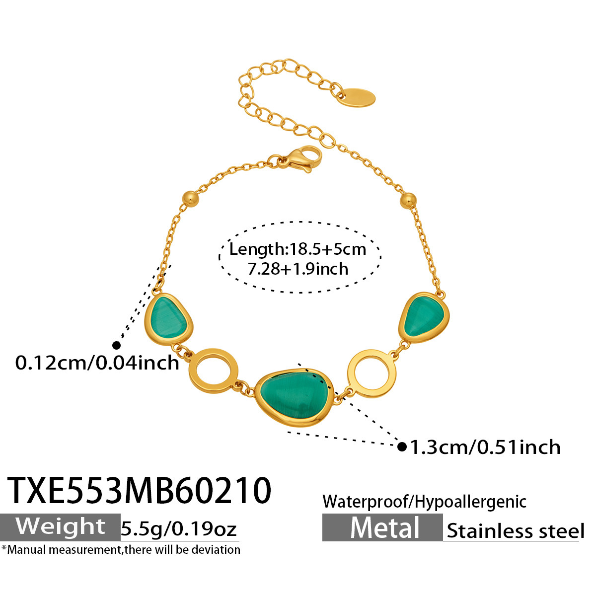 TXE553 Peacock Green Glass Stone Bracelet 18.5 plus 5cm