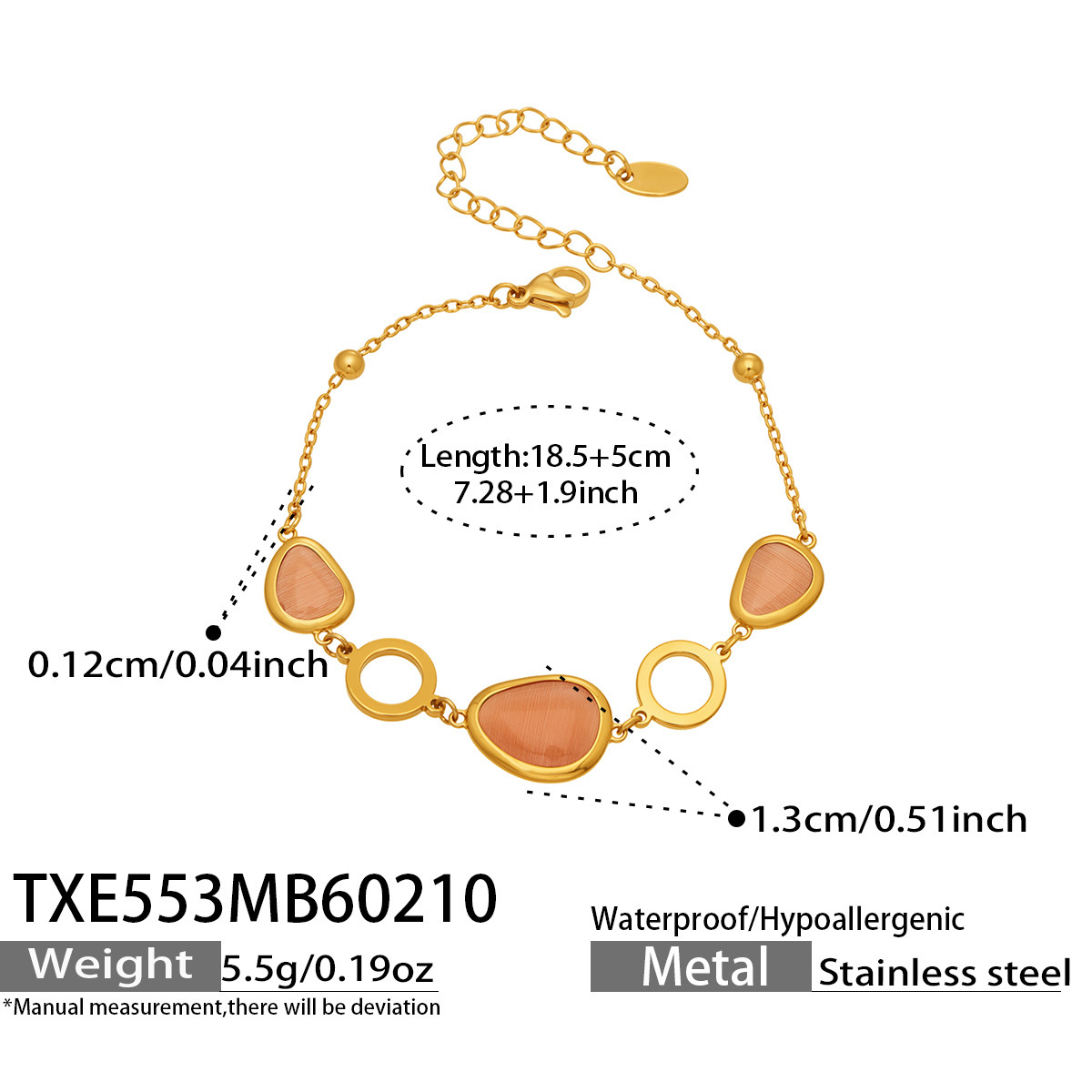 TXE553- Gold Orange Glass Stone Bracelet 18.5 plus 5cm
