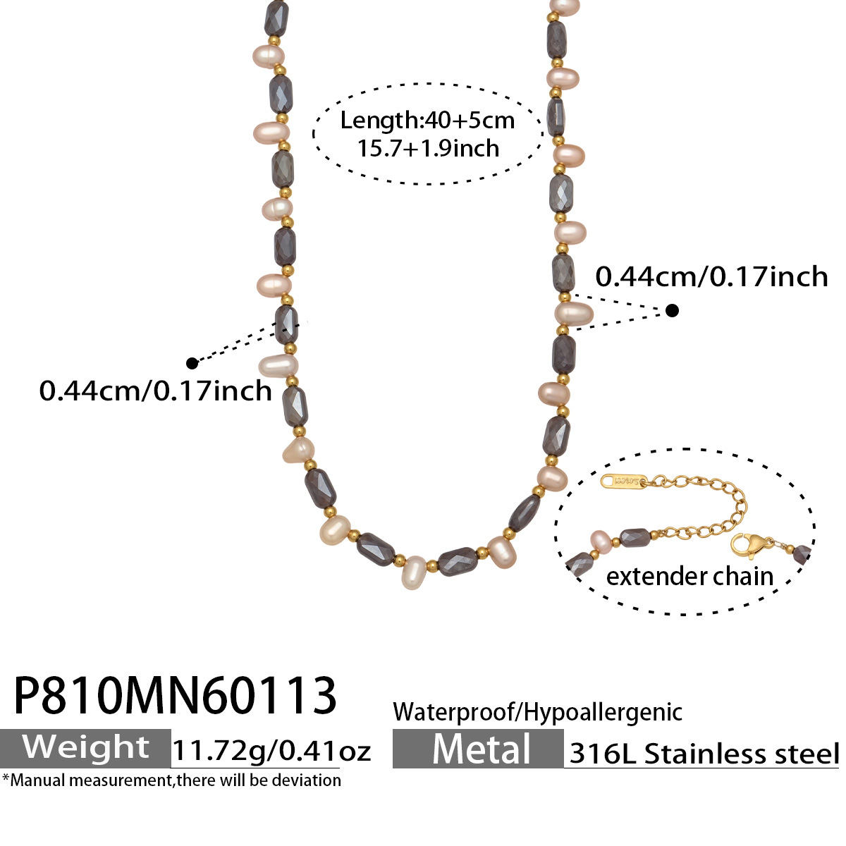 P810 Gold Freshwater Pearl Bead Necklace 40 plus 5cm