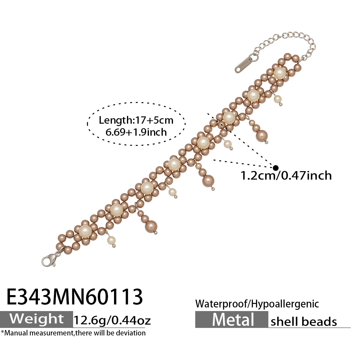 E343- Grey Pearl Bracelet 17 plus 5cm