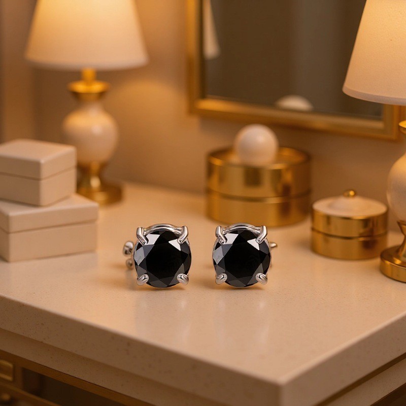 Silver with round black zirconium 1 pair