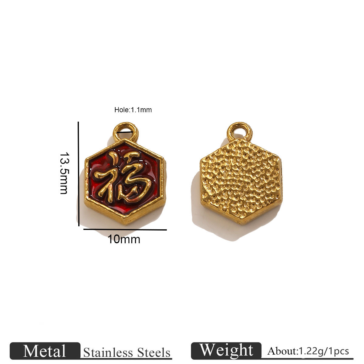 Golden hexagonal oil drop pendant with blessing character - red
