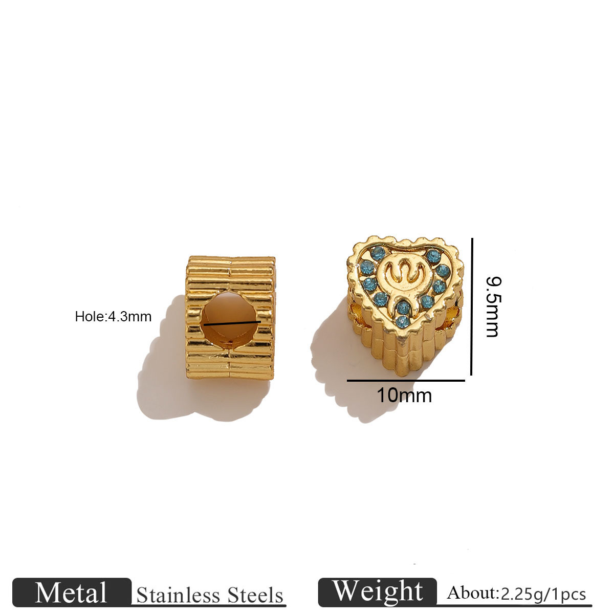 Gold heart-shaped beaded charm with diamond accents - blue