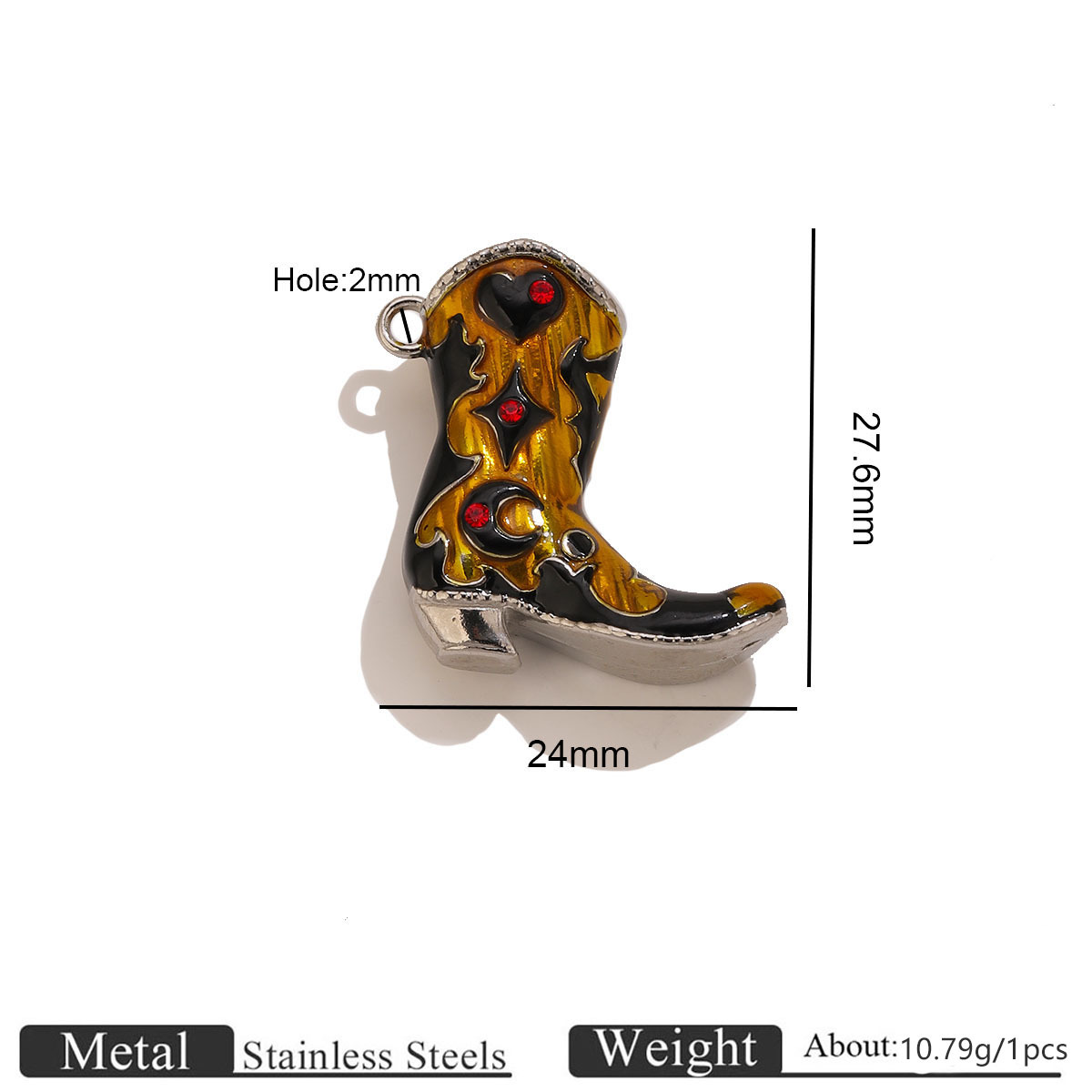 Yellow enamel red diamond boot charm - steel color