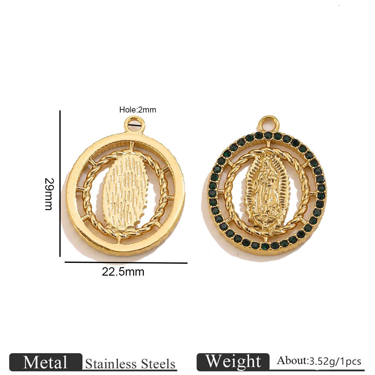 Golden double layer oval madonna pendant-green