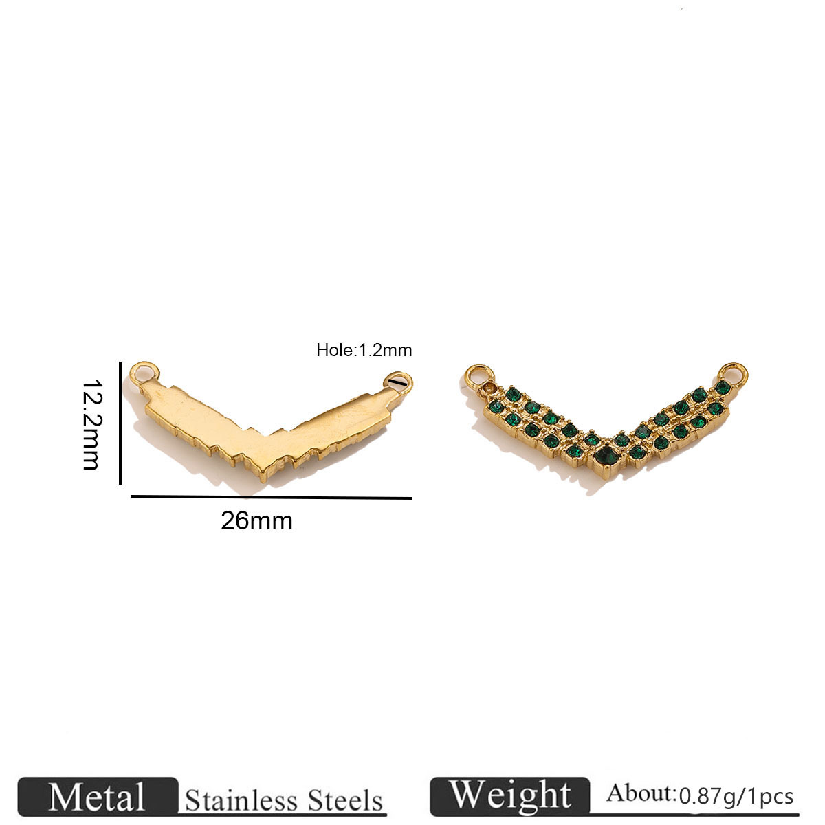 Gold v-shaped double-hole diamond pendant - green