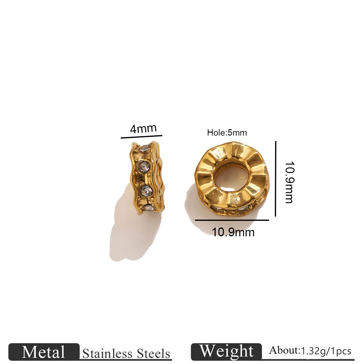 Gold flat round curved diamond spacer beads