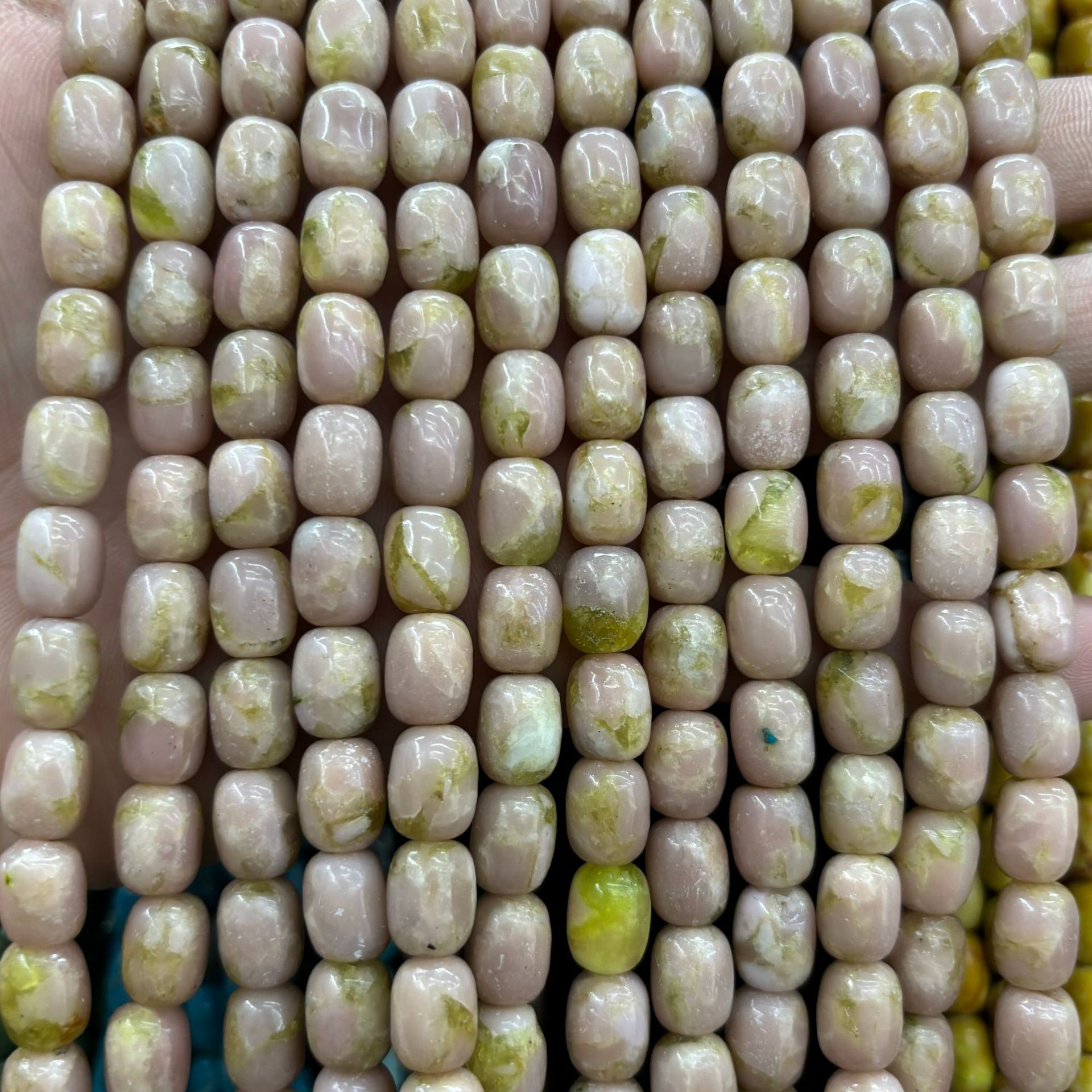 Light pink green barrel beads