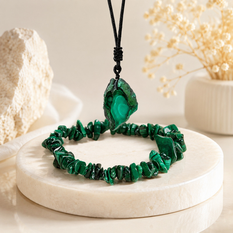 [set] malachite slice pendant   gravel bracelet
