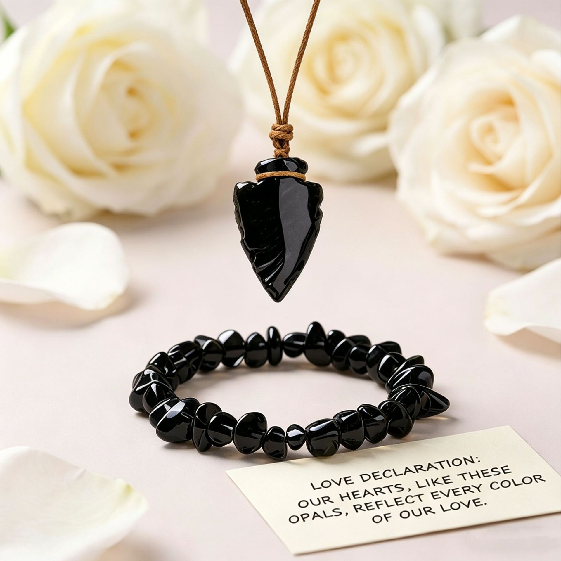 [set] obsidian arrow pendant   gravel bracelet