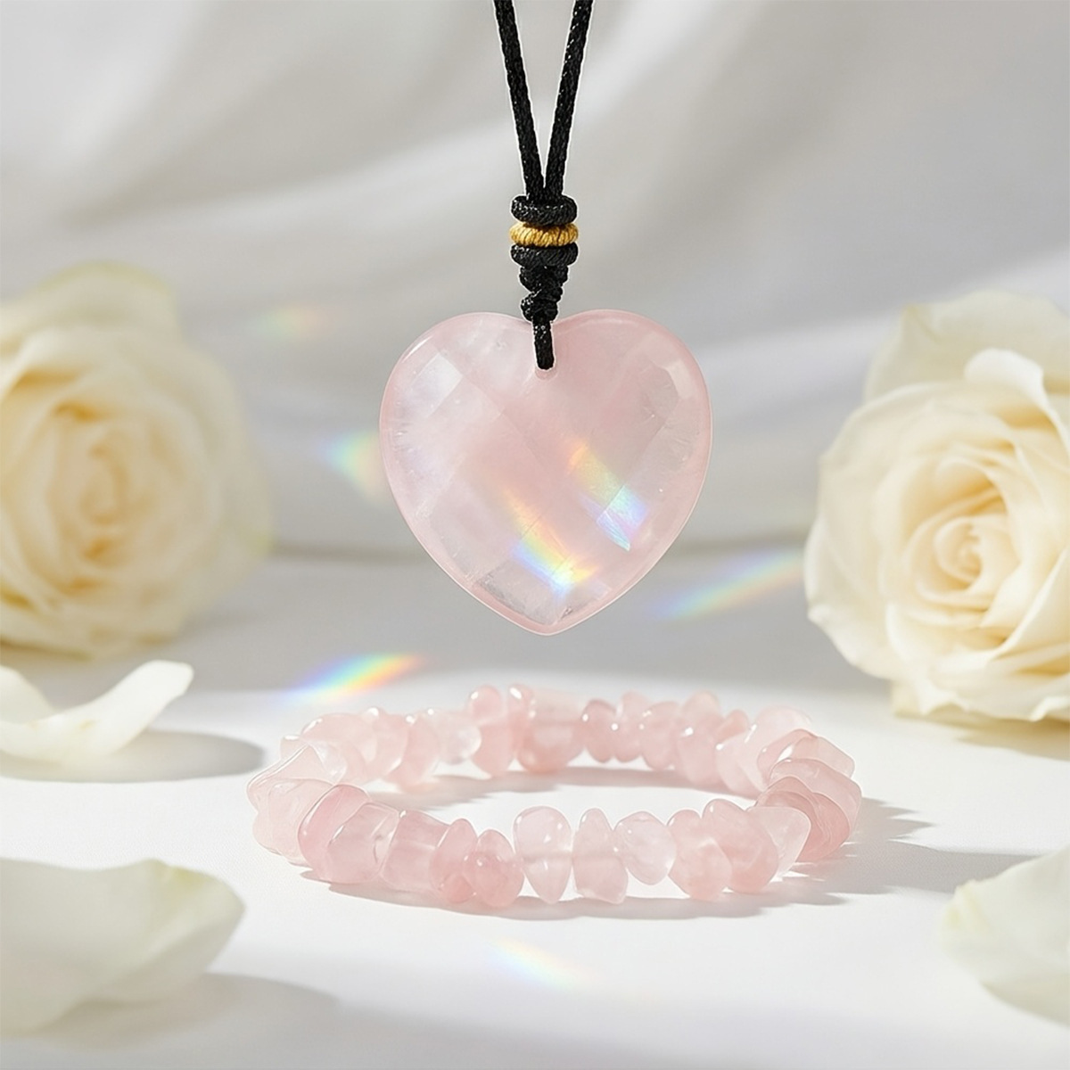 [set] pink crystal love pendant   gravel bracelet