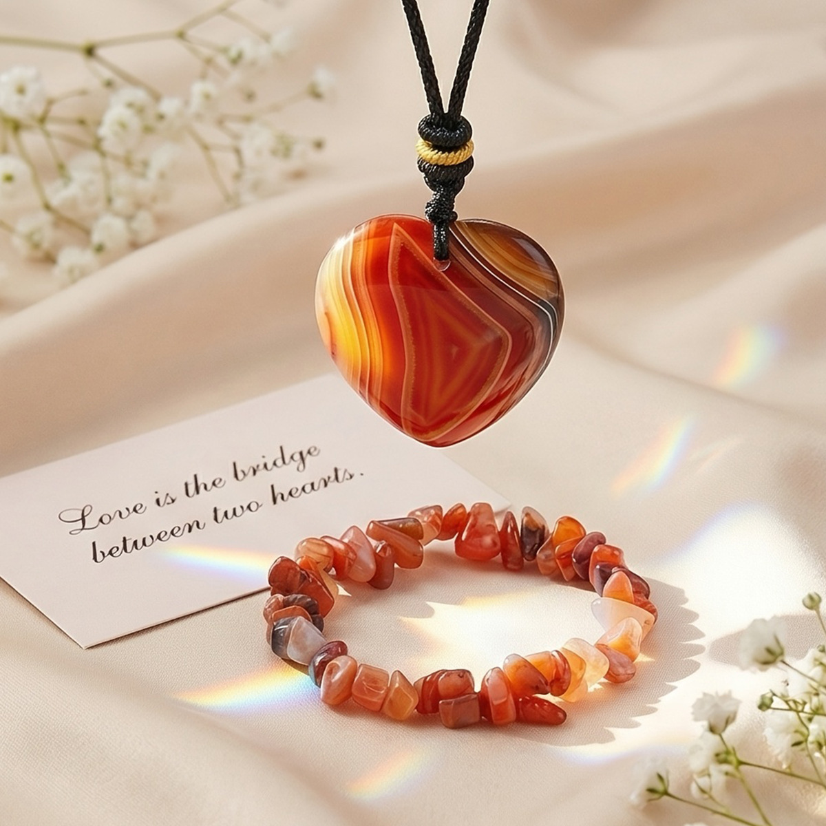 [set] red agate love pendant   gravel bracelet