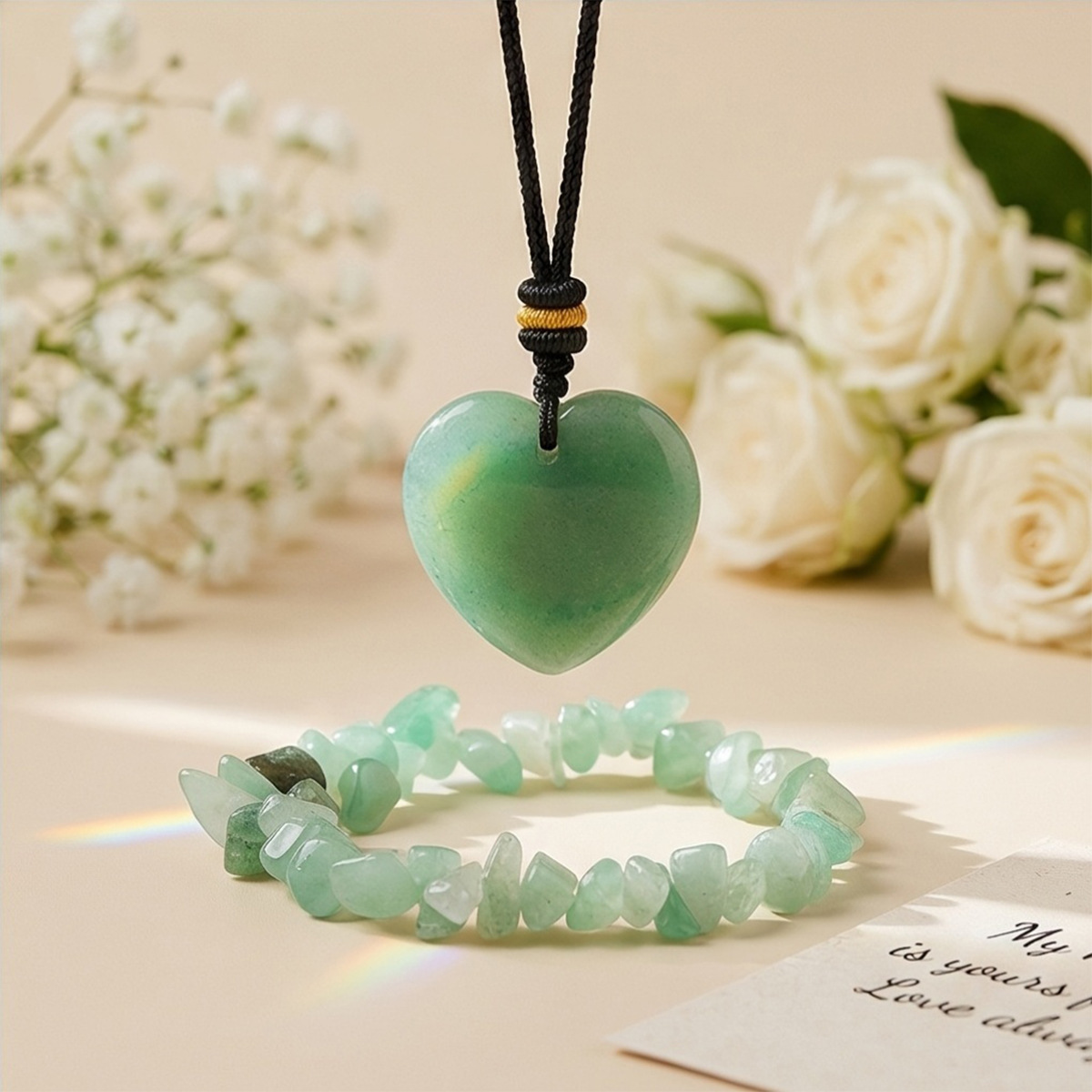 [set] aventurine love pendant   gravel bracelet