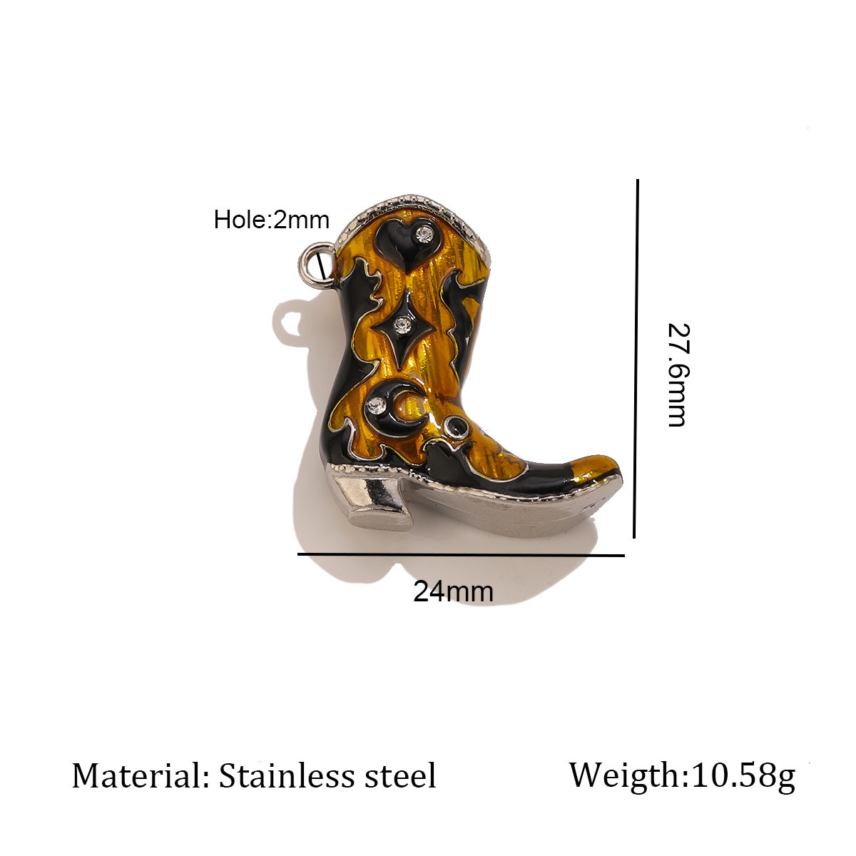 Steel-colored enamel white diamond boot charm