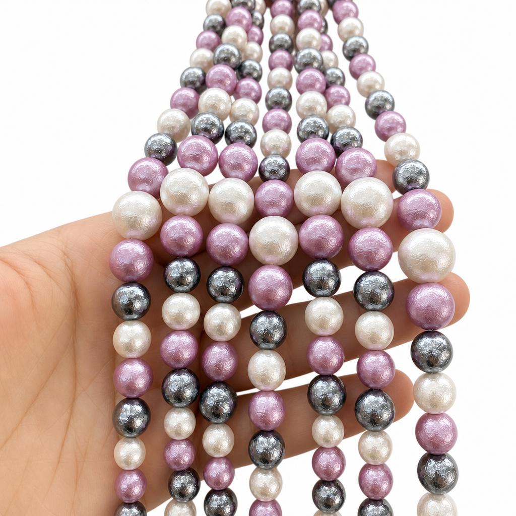 Purple and white wrinkled leather mixed color shell bead tower chain