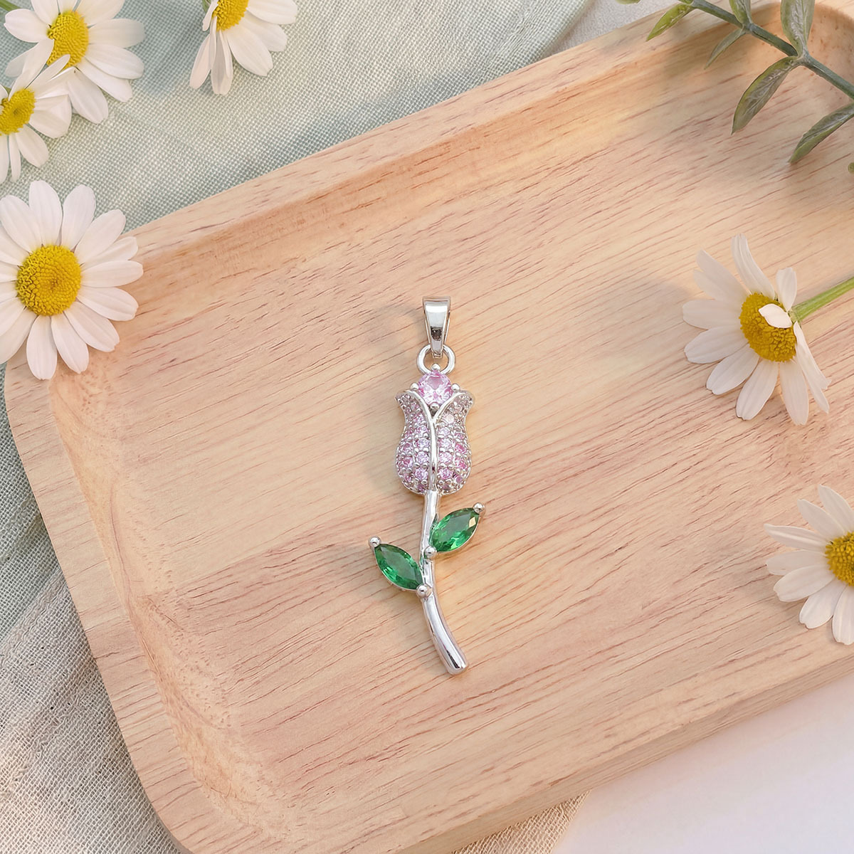 Xl6271 pink rose bud pendant silver