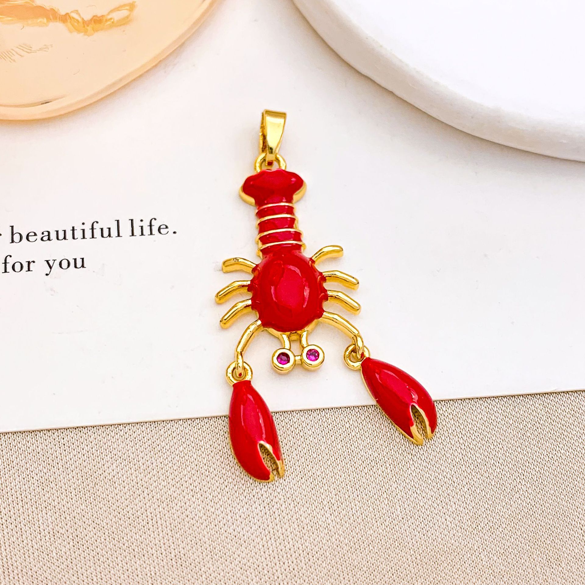 15x33mm  red big lobster pendant gold
