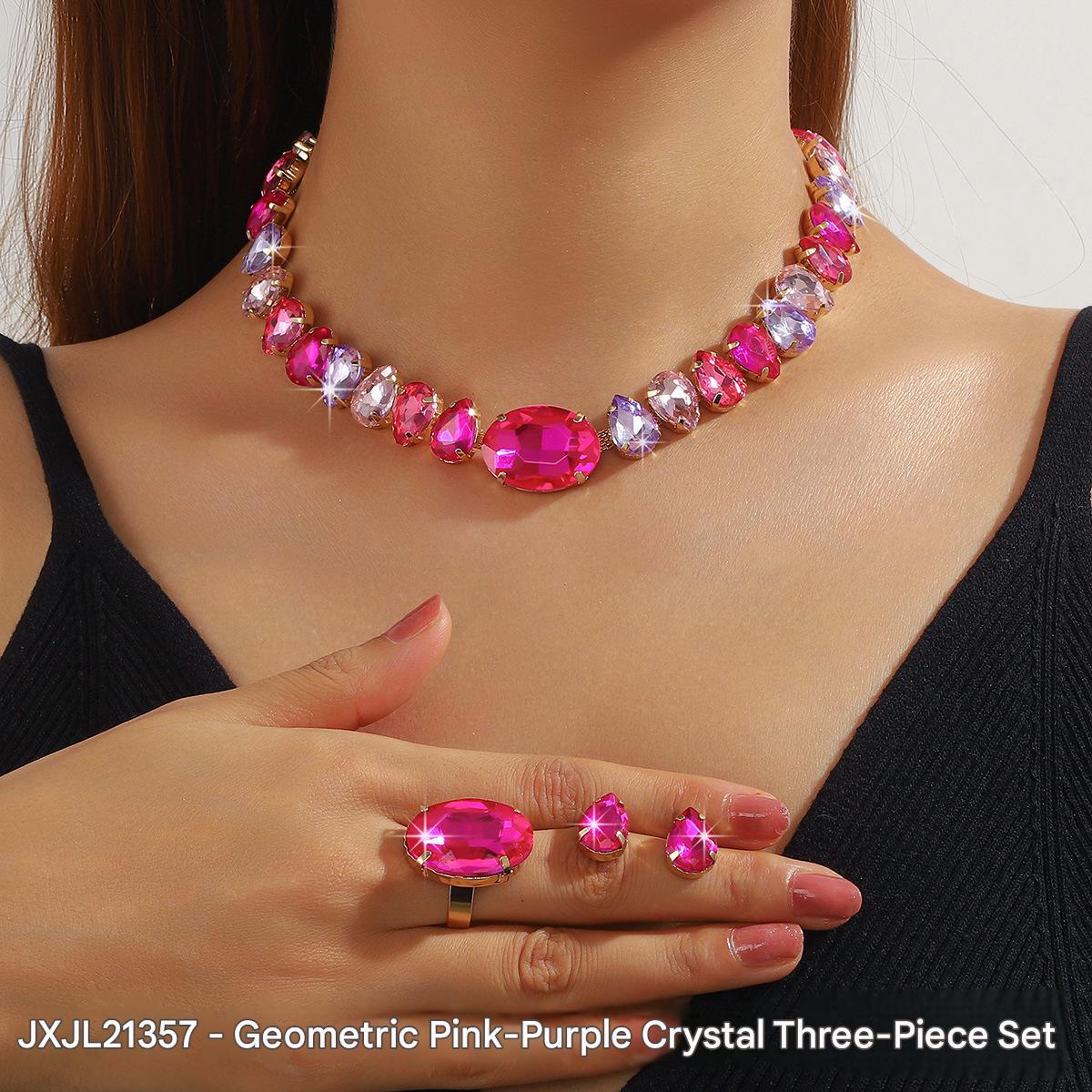 Jxjl21357-geometric pink and purple crystal three-piece set