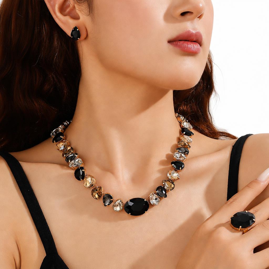 Jxjl21357-geometric black, white and gray crystal three-piece set