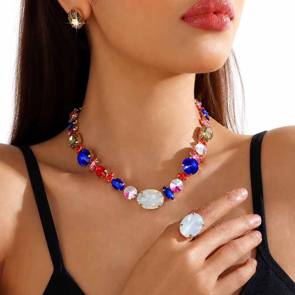 Jxjl21358-geometric multi-color crystal three-piece set