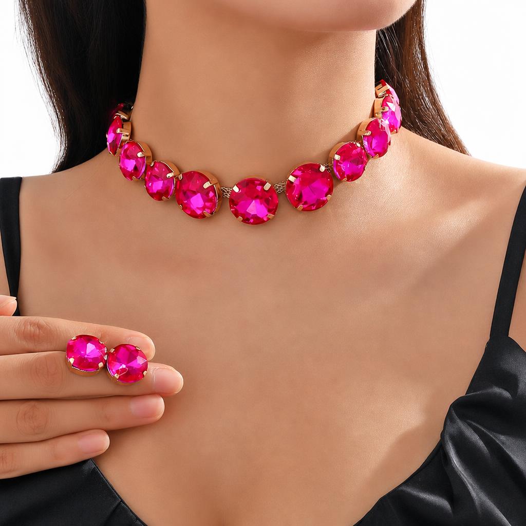 Jxjl21188-round crystal necklace-rose red