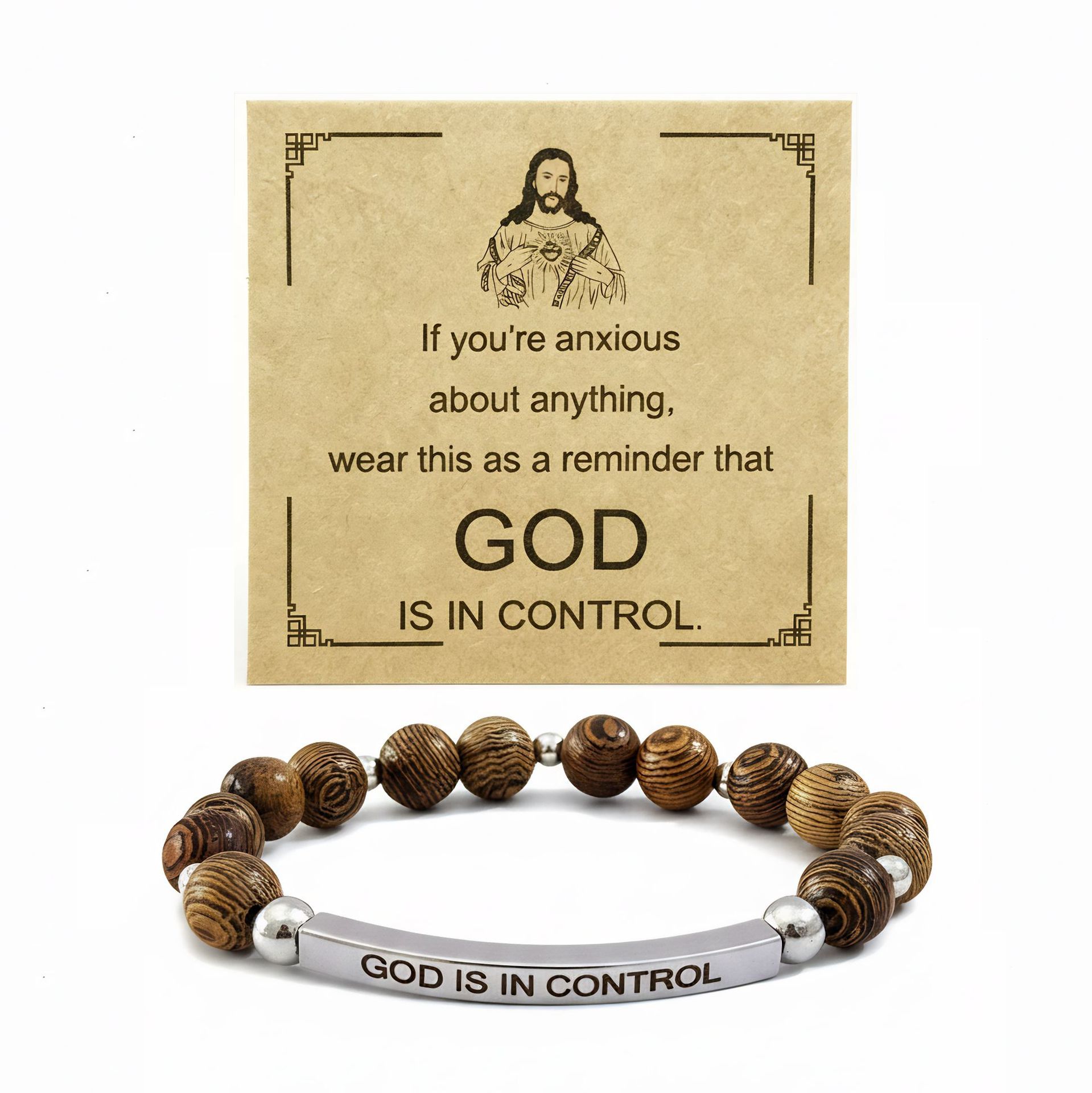 God elbow wood bead bracelet - silver
