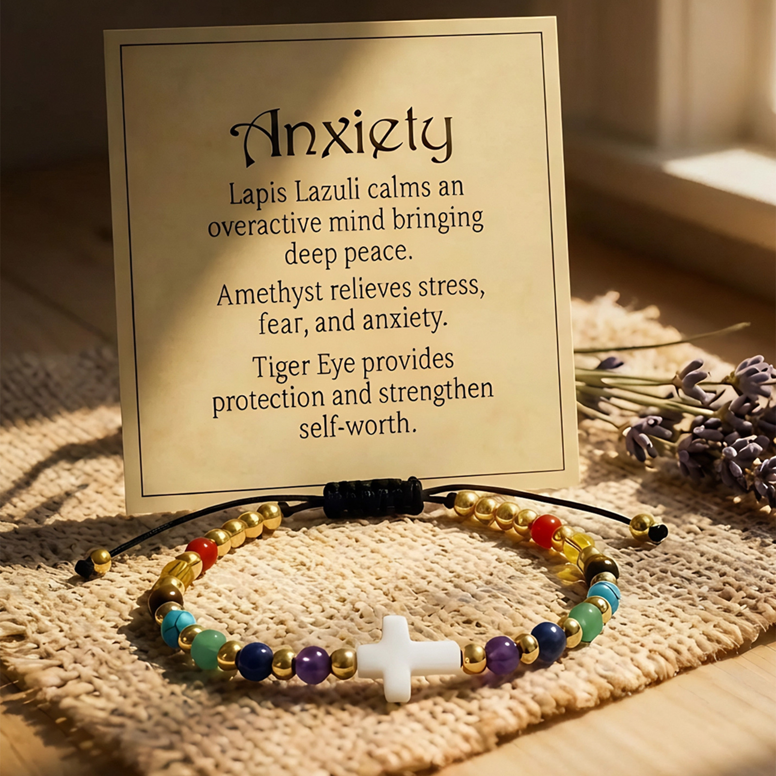 White cross seven-color bead bracelet with card