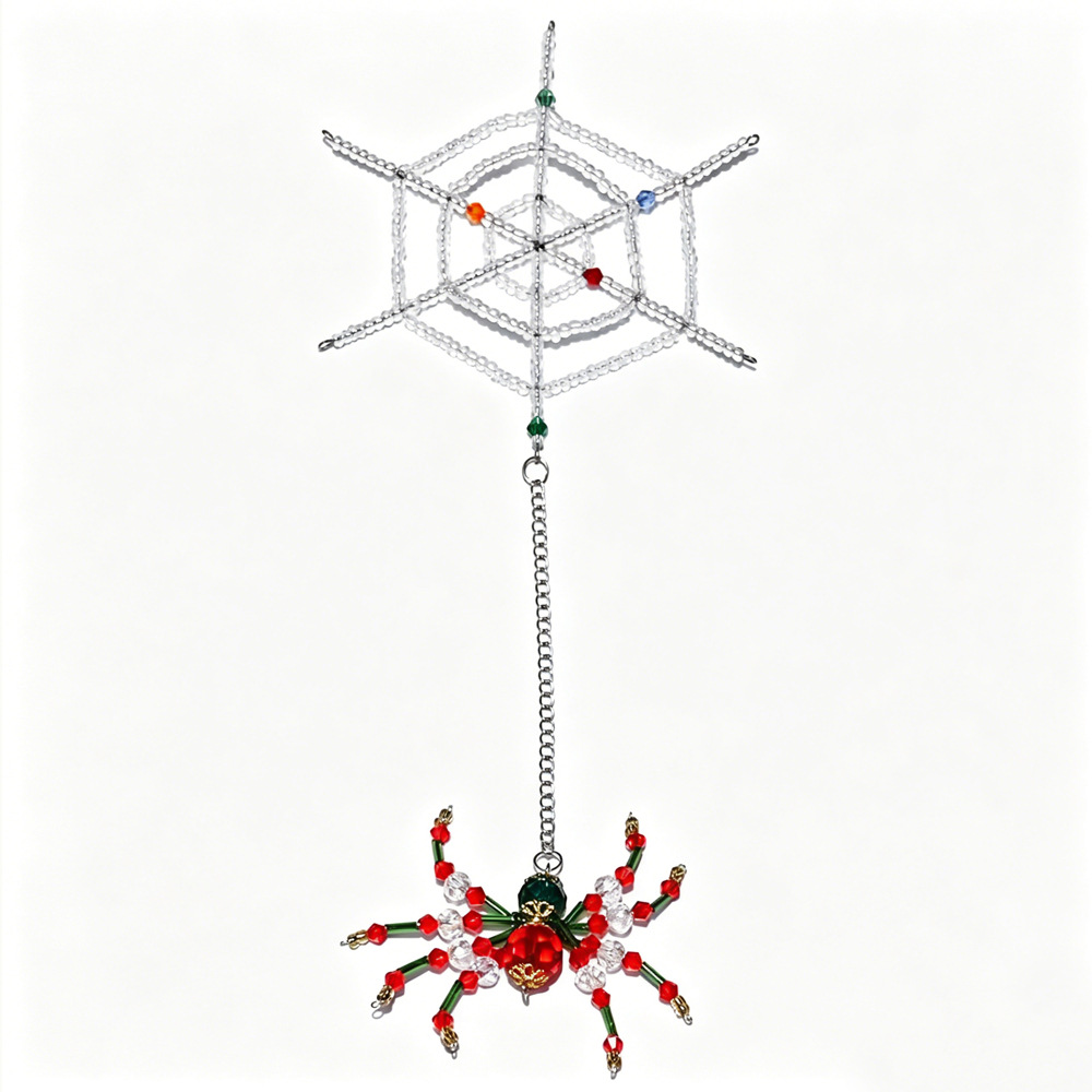 Colorful spider web + red, green and white spiders