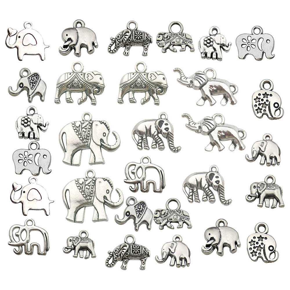 Mixed 30 ancient silver elephant set - 15 styles, 2 pieces each - 43.3g - sn36