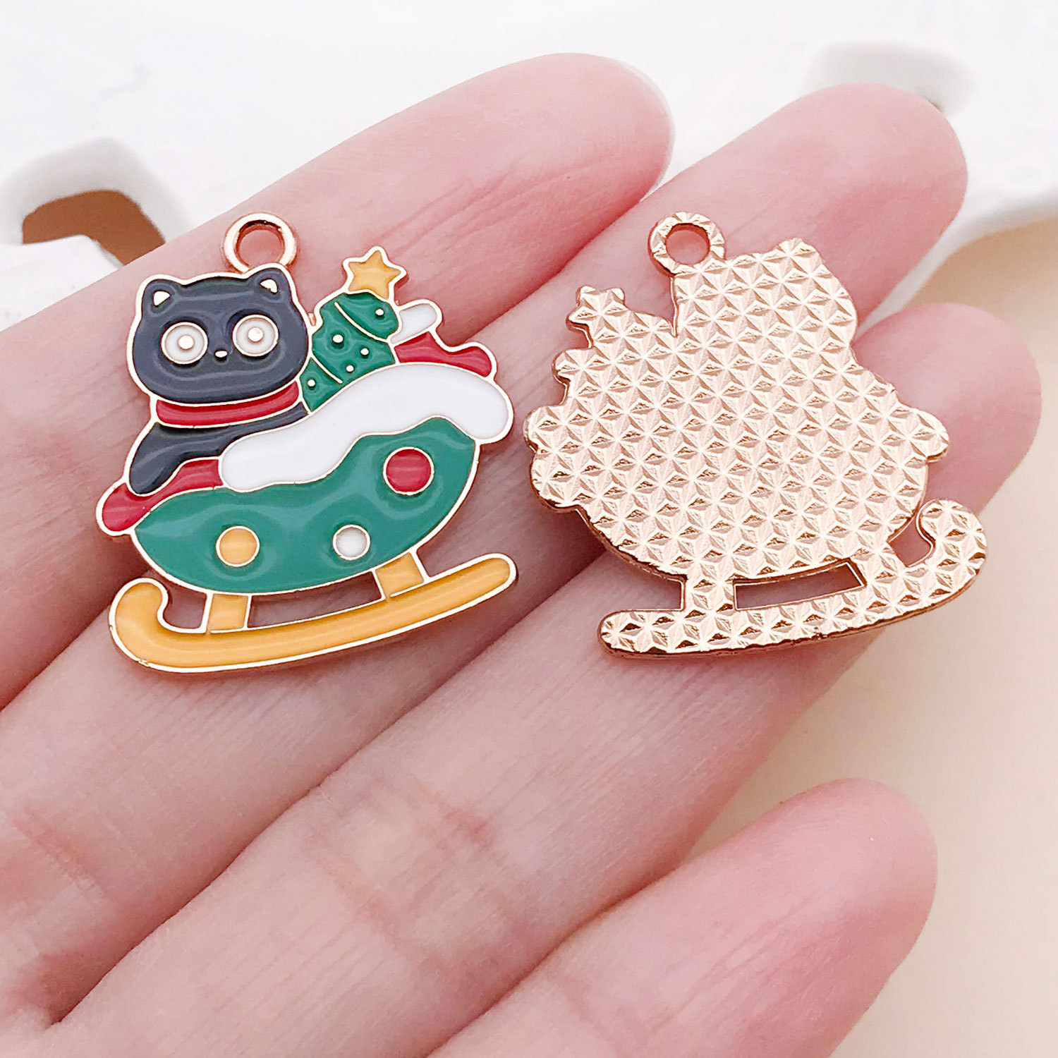 25252-1pcs 25x22mm-1.95g green dripping zinc alloy christmas sleigh christmas tree cat