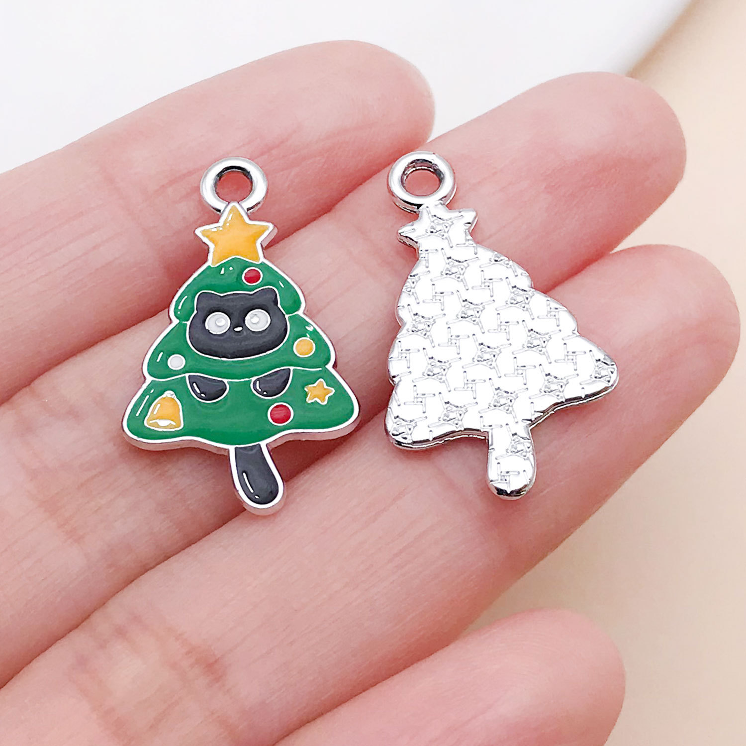 25243-1pc 25x15mm-1g white k green dripping oil zinc alloy christmas christmas tree cat