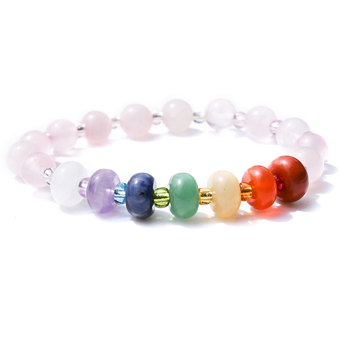 Rose quartz round beads + abacus rainbow stone