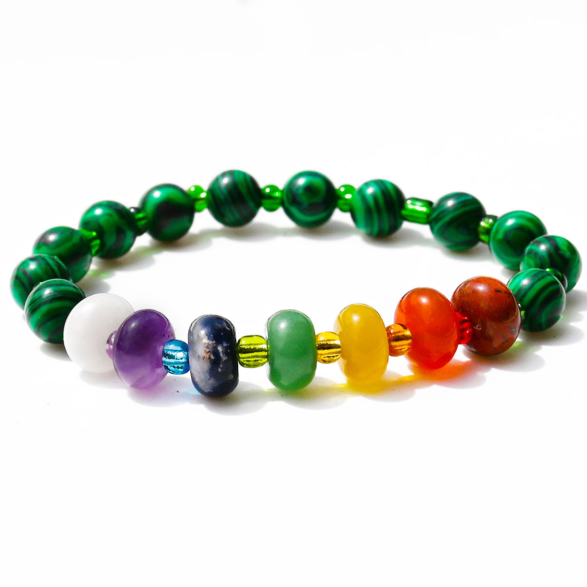 Synthetic malachite round beads + abacus colorful stones