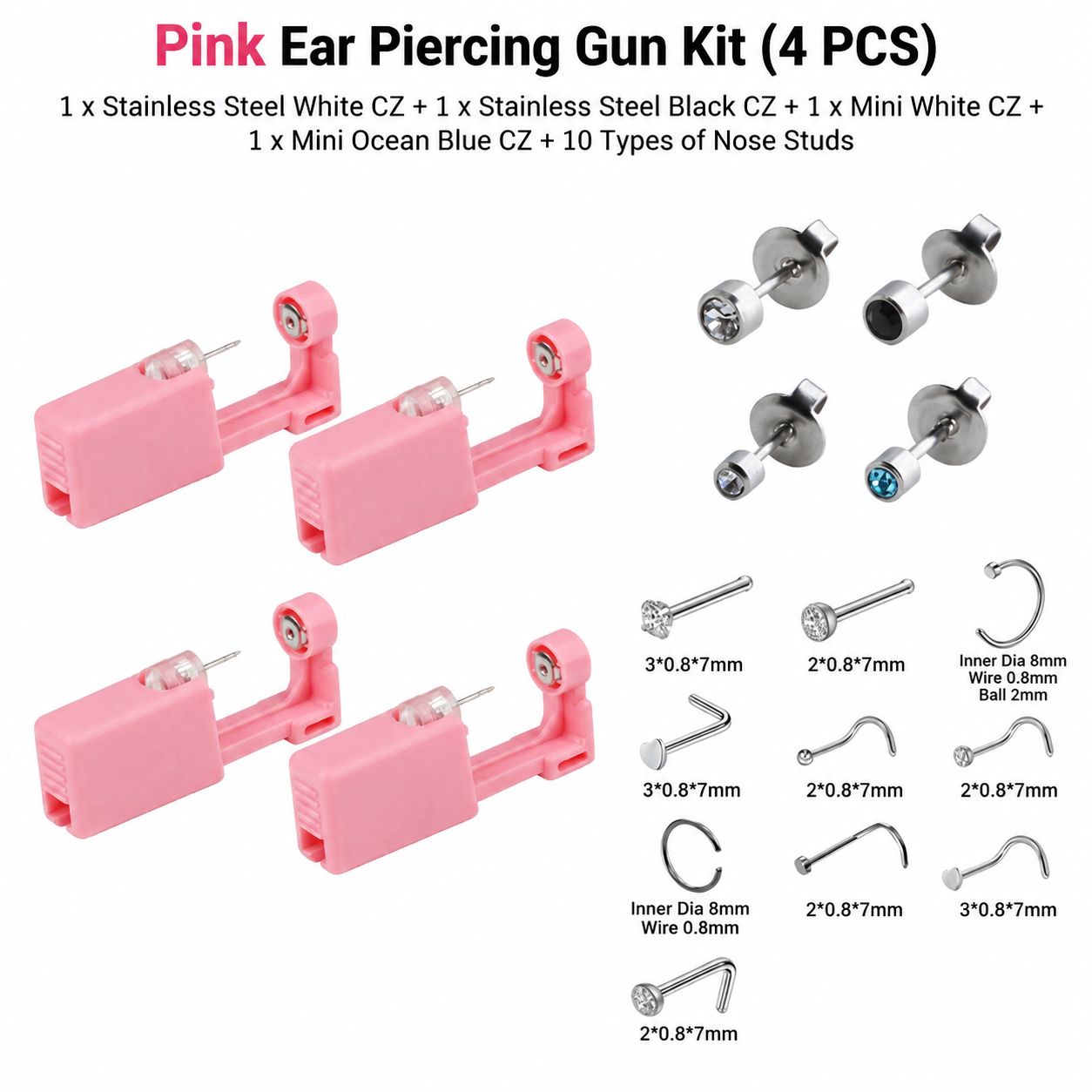 Pink ear hole gun 4-piece set 1 stainless steel White Diamond1 stainless steel Black Diamond1 mini white diamond1 mini navy10 nose nail set