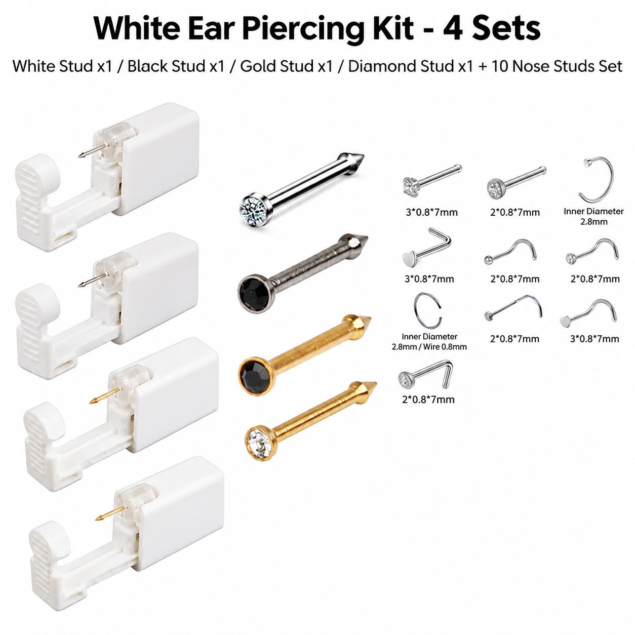 White ear hole gun 4-piece set silver white diamond 1/Silver Black Diamond 1/gold white diamond 1/Gold Black Diamond 1 10 nose nail combination